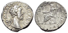 Commodus (177-192). AR Denarius (184) (2.67 gm, 17mm). Rome mint. COMM ANT AVG P BRIT, laur. head r., R/ P M TR P VIIII IM-P VII COS IIII P P, Jupiter...