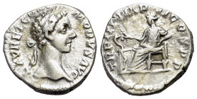 Commodus (177-192) AR Denarius (3.14g, 16.92mm). Rome. L AVREL COMMODVS AVG, laur., dr. and cuir. bust r. R/ TR P IIII IMP II COS II P P, Salus seated...