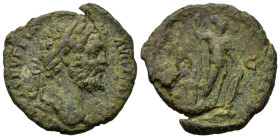 Septimius Severus (193-211). Æ As (23,8mm, 6.6g). Rome, AD 195-196. Laureate head r. R/ Mars, naked, standing half-right, holding spear and resting le...