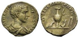 Caracalla (Caesar, 196-198). AR Denarius (17mm, 2.8g). Rome. Bare-headed, draped and cuirassed bust r. R/ Lituus, axe, jug, simpulum and sprinkler. RI...
