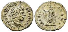 Caracalla (197-217). AR Denarius (19,5mm,2.7g). Rome. Laureate head r. R/ Mars standing facing, head l., holding spear, shield and branch. RIC 222.