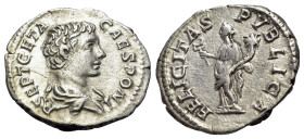 Geta (Caesar, 198-211), AR Denarius (19.0 mm, 2.79 g), Rome. P SEPT GETA - CAES PONT, bare-headed and dr. bust r. R/ FELICITAS - PVBLICA, Felicitas st...