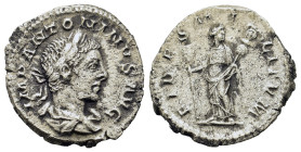 Elagabal (218-222). AR Denarius (18,2mm,2.8g). Rome. Laureate and draped bust r., seen from behind. R/ Fides standing r., holding standard and vexillu...