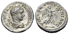 Elagabalus (218-222). AR Denarius (19mm, 3.22g). (219). Laur. and dr. bust r., IMP CAES M AVR ANTONINVS PIVS AVG. R/ Victory advancing r., holding wre...
