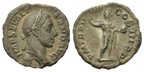 Severus Alexander (222-235). AR Denarius (18mm, 1.8g). Rome. Laureate head r. R/ Sol standing slightly right, head left, raising hand and holding glob...