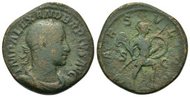 Severus Alexander (222-235). Æ Sestertius (30,4mm, 24.6g). Rome, AD 231-235. Laureate, draped and cuirassed bust r. R/ Mars advancing r., carrying spe...