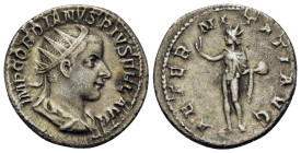 Gordian III (238-244). AR Antoninianus (21,3mm, 3.7g). Rome, AD 241-243. Radiate, draped and cuirassed bust of Gordian to right. R/ Sol standing left,...