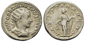 Gordian III (238-244). AR Antoninianus (21,3mm, 5g). Rome, AD 241-243. Radiate, draped and cuirassed bust r. R/ Laetitia standing facing, head to left...