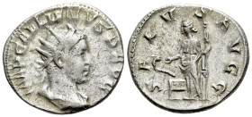 Gallienus (253-268). Antoninianus (20mm, 4.15g, 1h). Viminacium, 253-256. Radiate, draped and cuirassed bust r. R/ Salus standing l., feeding serpent ...