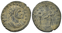 Aurelian (270-275). Æ Radiate (23mm,3.4g). Cyzicus. Radiate and cuirassed bust r. R/ Victory standing r., holding palm and presenting wreath to Aureli...