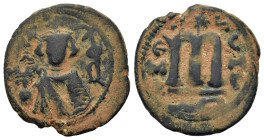 Arab-Byzantine, Umayyad Caliphate, c.685-692. Æ Fals (21,9mm,5.4g). Hims (Emesa) mint. Crowned facing imperial bust, holding globus cruciger, K/AL/O/N...
