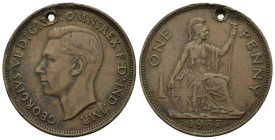 Great Britain, George VI, 1 Penny 1937 (31mm, 9.50g). Holed, otherwise VF