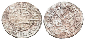 Livonia, Herman von Bruggeney (1535-1547). BI Schilling 1539, Riga (18mm, 0.89g, 7h). Arms. R/ Crossed keys. WCC MB28.