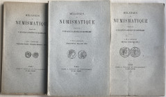 De Saulcy F. De Barthelemy A. Melanges de Numismatque. Complete set 1877. Include: 1 et 2 Fascicules (Janvier- Fevrier-Mars- Avril), 3 et 4 Fascicules...