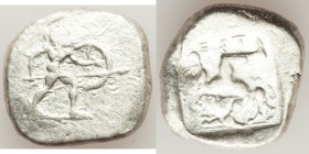 PAMPHYLIA. Aspendus. Ca. mid-5th century BC. AR stater (21mm, 10.92 gm, 3h). VF, bankers punch. Helmeted hoplite warrior advancing right, shield in le...