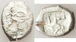PAMPHYLIA. Aspendus. Ca. mid-5th century BC. AR stater (19mm, 10.90 gm, 9h). About VF, test cut. Helmeted hoplite warrior advancing right, shield in l...