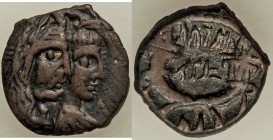 NABATAEAN KINGDOM. Aretas IV (9 BC-40 AD). AE (17mm, 4.21 gm, 11h). VF. Heads of Aretas and his queen Shaquilath right / Aretas, Shaquilath (Aramaic),...