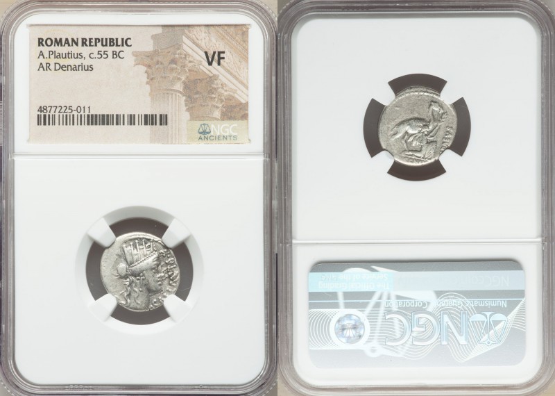 A. Plautius Aed. Cvr (ca. 55 BC). AR denarius (18mm, 7h). NGC VF. Rome. A•PLAVTI...