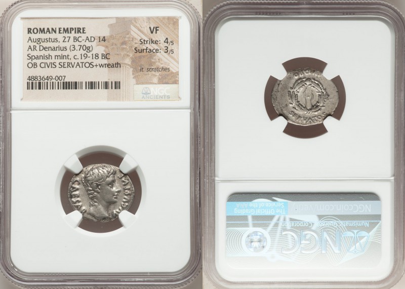 Augustus (27 BC-AD 14). AR denarius (20mm, 3.70 gm, 6h). NGC VF 4/5 - 3/5, lt. s...