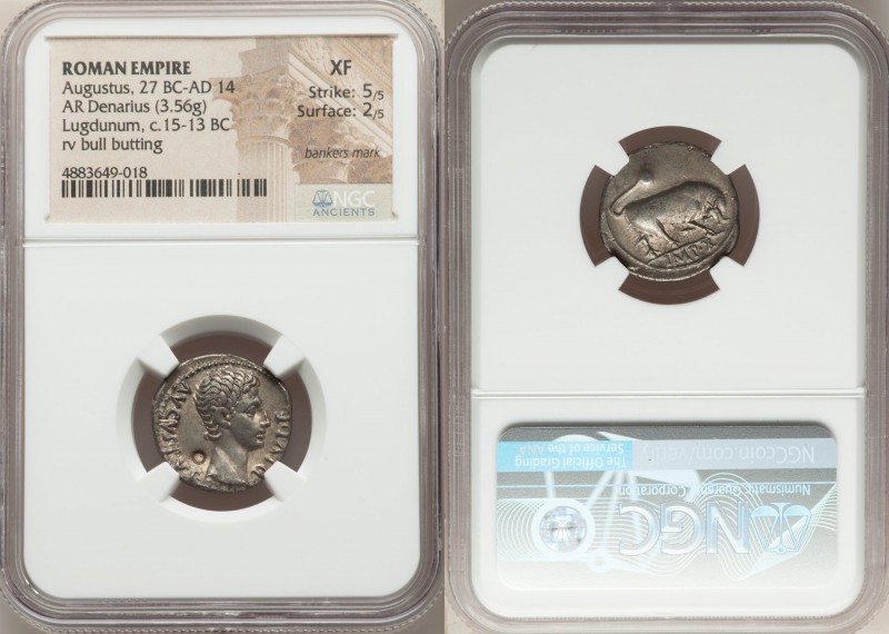 Augustus (27 BC-AD 14). AR denarius (19mm, 3.56 gm, 5h). NGC XF 5/5 - 2/5, banke...
