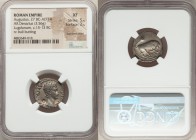 Augustus (27 BC-AD 14). AR denarius (19mm, 3.56 gm, 5h). NGC XF 5/5 - 2/5, bankers mark. Lugdunum, 15-13 BC. AVGVSTVS-DIVI•F, bare head of Augustus ri...