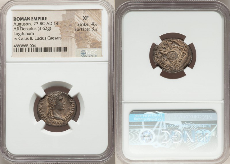 Augustus (27 BC-AD 14). AR denarius (20mm, 3.62 gm, 4h). NGC XF 4/5 - 3/5. Lugdu...