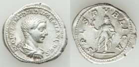 Diadumenian, as Caesar (AD 217-218). AR denarius (20mm, 3.43 gm, 5h). VF. Rome, AD 218. M OPEL ANT DIADVMENIAN CAES, bare headed, draped and cuirassed...
