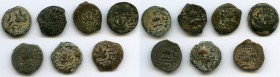 ANCIENT LOTS. Judaea. The Jewish War (AD 66-70). Lot of seven (7) AE prutahs. Fine-VF. Amphora with broad rim and two handles / Grape leaf on vine. Me...
