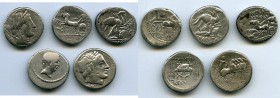 ANCIENT LOTS. Roman Republic. Ca. 87-42 BC. Lot of five (5) AR denarii. Fine. Includes: L. Rubrius Dossenus (ca. 87 BC), Crawford 348/2 // (2) M. Aemi...