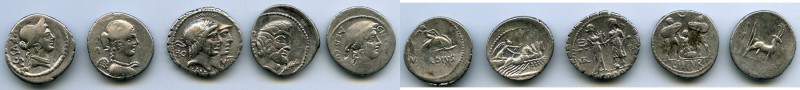 ANCIENT LOTS. Roman Republic. Ca. 89-46 BC. Lot of five (5) AR denarii. Fine-VF....