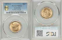 Victoria gold "Shield" Sovereign 1875-S MS62 PCGS, Sydney mint KM6, S-3855. Meticulously detailed throughout with intense luster and very little visib...