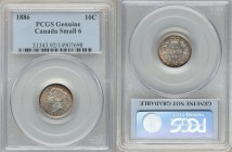 Victoria "Small 6" 10 Cents 1886 Genuine (Cleaning) PCGS, London mint, KM3. Scarce variety with sharp strike and lovely peripheral toning. 

HID098012...
