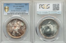 Elizabeth II Mint Error - Double Struck in Collar Dollar 1967 MS65 PCGS, Royal Canadian mint, KM70. Double struck and rotated in collar Error "Diving ...