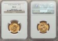 George V gold Sovereign 1919-C MS63 NGC, Ottawa mint, KM20.S-3997. Abundance of satiny luster. 

HID09801242017