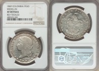 Republic Peso 1869 XF Details (Reverse Tooled) NGC, Medellin mint, KM154.2, Restrepo-318.1. Mintage: 3,598 and rarest of three year type. Tooling limi...