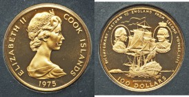 Elizabeth II gold Proof 100 Dollars 1975-FM, Franklin mint, KM13. Mintage: 17,000. For the Bicentennial of the return of Captain James Cook from his s...
