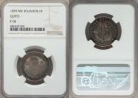 Republic 2 Reales 1839 QUITO-MV F15 NGC, Quito mint, KM18. Obverse center weakly struck with overall dark lavender-gray toning. 

HID09801242017