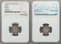 James I (1603-1625) 2 Pence (1/2 Groat) ND (1604-1605) AU55 NGC, Lis mm, Second coinage, S-2659. 17mm. 0.89gm. Fully struck type with lovely silver-gr...