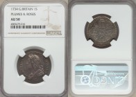 George II Shilling 1734 AU50 NGC, KM561.5, S-3700. Plums and roses in angles. Lavender-gray toning overall with light blue sheen, reverse includes red...