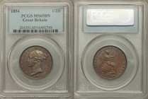 Victoria 1/2 Penny 1854 MS65 Brown PCGS, KM726, S-3949. Violet and rust colored toning.

HID09801242017
