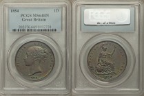 Victoria Penny 1854 MS64 Brown PCGS, KM739, S-3948, Ornamental trident. Florescent turquoise peripheral toning with a smattering of gold and reds over...