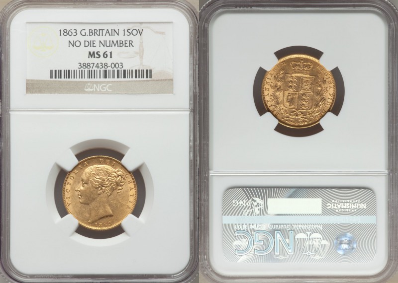 Victoria gold Sovereign 1863 MS61 NGC, KM736.1. No die number. AGW 0.2355 oz. 

...