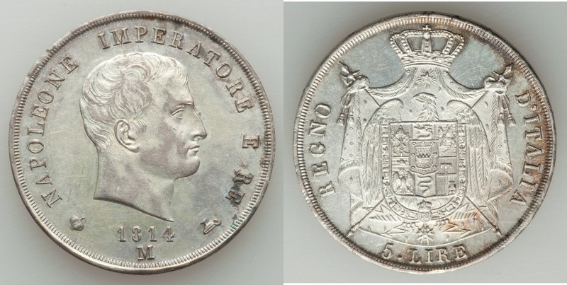 Kingdom of Napoleon. Napoleon 5 Lire 1814-M AU, Milan mint, KM-C10.4, Dav-202. 3...