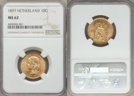 Wilhelmina gold 10 Gulden 1897 MS62 NGC, KM118. AGW 0.1947 oz.

HID09801242017