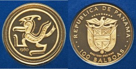 Republic gold Proof 100 Balboas 1980-FM, Franklin mint, KM66. Mintage: 2,411. Issued for the Pre-Columbian Art - Golden Condor. AGW 0.2361 gm.

HID098...