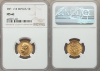Nicholas II gold 5 Roubles 1901-ФЗ MS62 NGC, St. Petersburg mint, KM-Y62.

HID09801242017