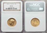 Nicholas II gold 10 Roubles 1902-AP AU55 NGC, St. Petersburg mint, KM-Y64.

HID09801242017