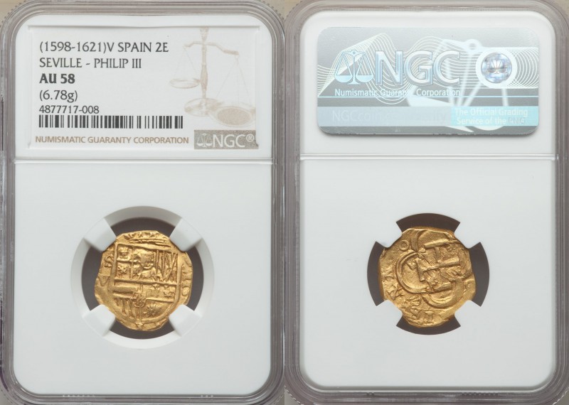 Philip III gold Cob 2 Escudos ND (1598-1621) S-V AU58 NGC, Seville mint, Fr-189....