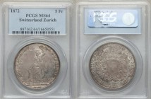 Confederation "Zurich Shooting Festival" 5 Francs 1872 MS64 PCGS, KMX-S11. Mintage: 10,000. Lustrous surfaces subdued by mottled gray toning. 

HID098...