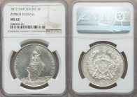 Confederation "Zurich Shooting Festival" 5 Francs 1872 MS62 NGC, KMX-S11, Häb-13. Richter-1731. Zurich standing holding wreath above head, resting rig...